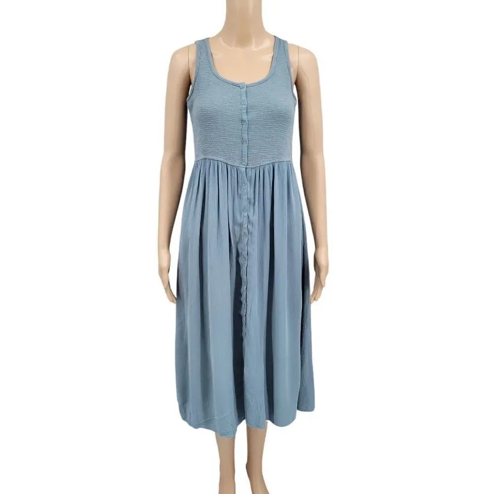 Frye Dessert Blue Button Front Midi Dress Sleeveless Women's Size XS